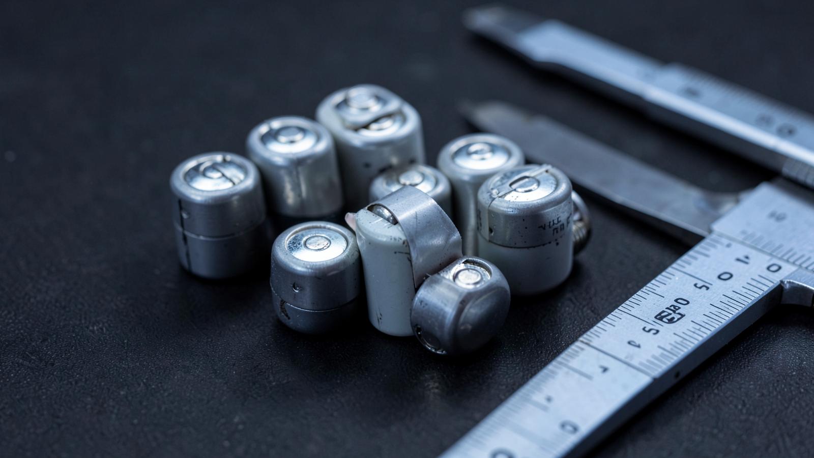 Macro view of cylindrical lithium battery cells beside a caliper