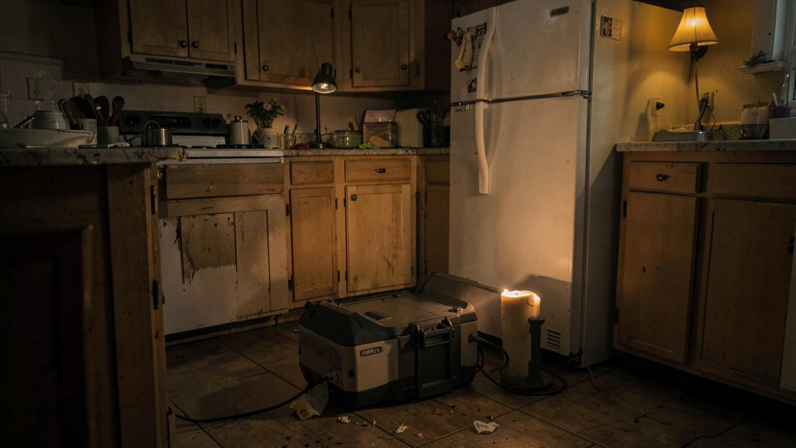 Battery backup unit powering a refrigerator and lamp during a home outage