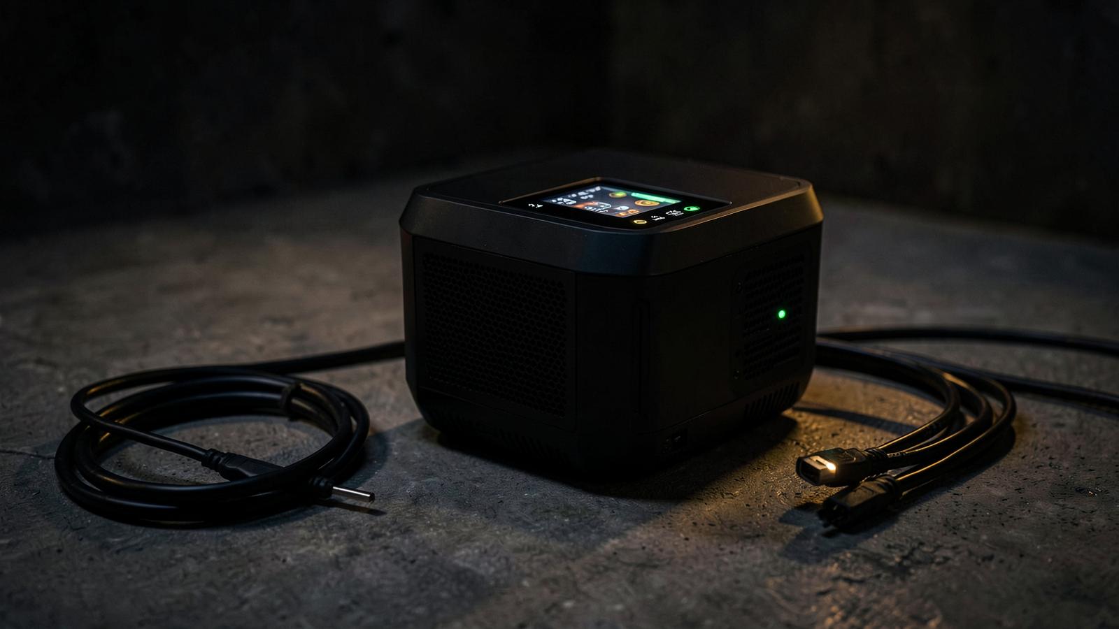 Portable power station glowing on a concrete floor with coiled cables