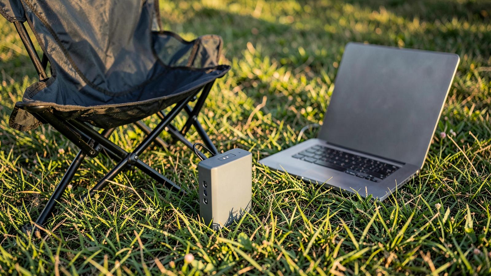 Mid-size power station on grass beside a camp chair and laptop