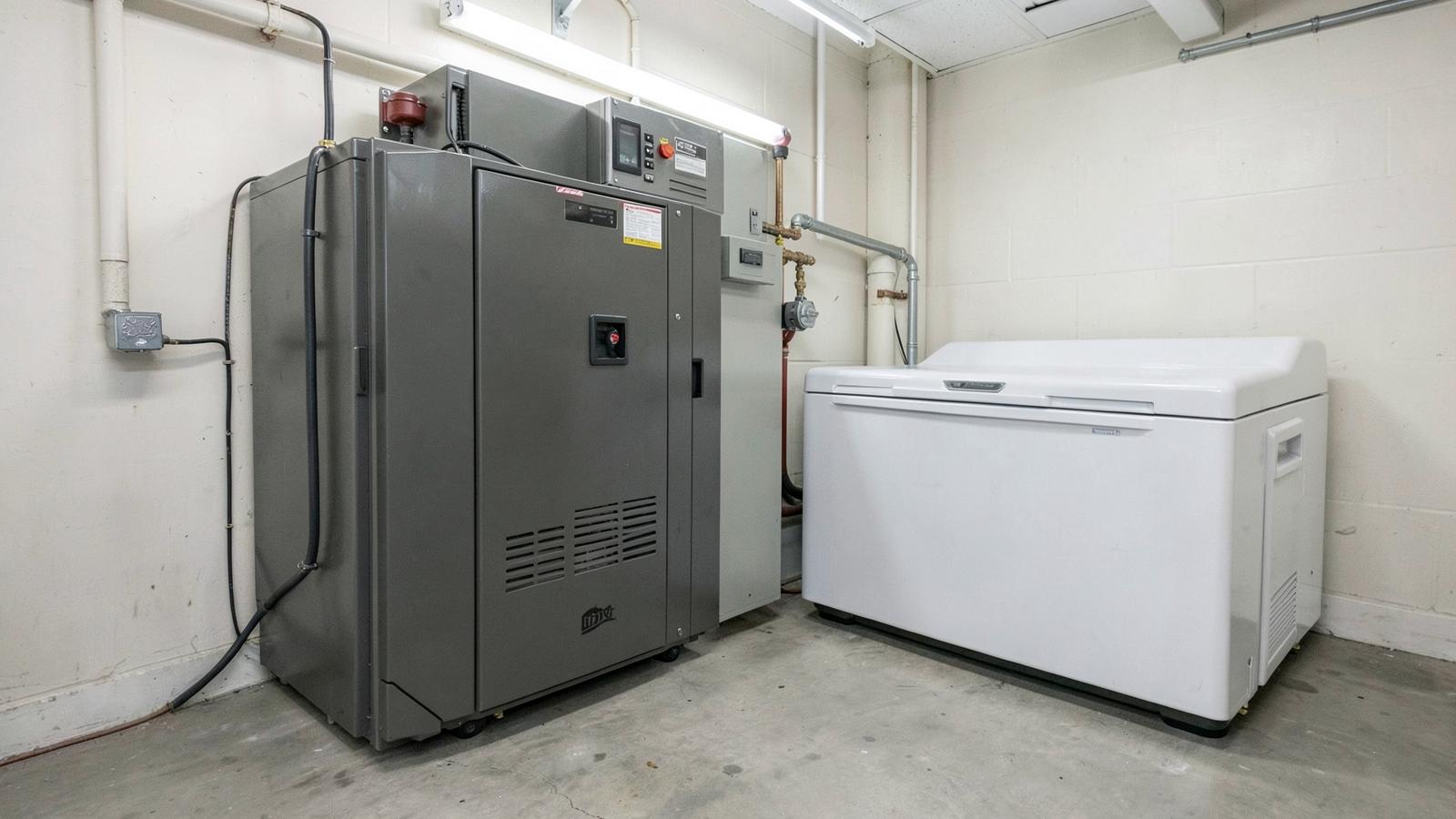 Large battery backup unit in a utility room beside a chest freezer