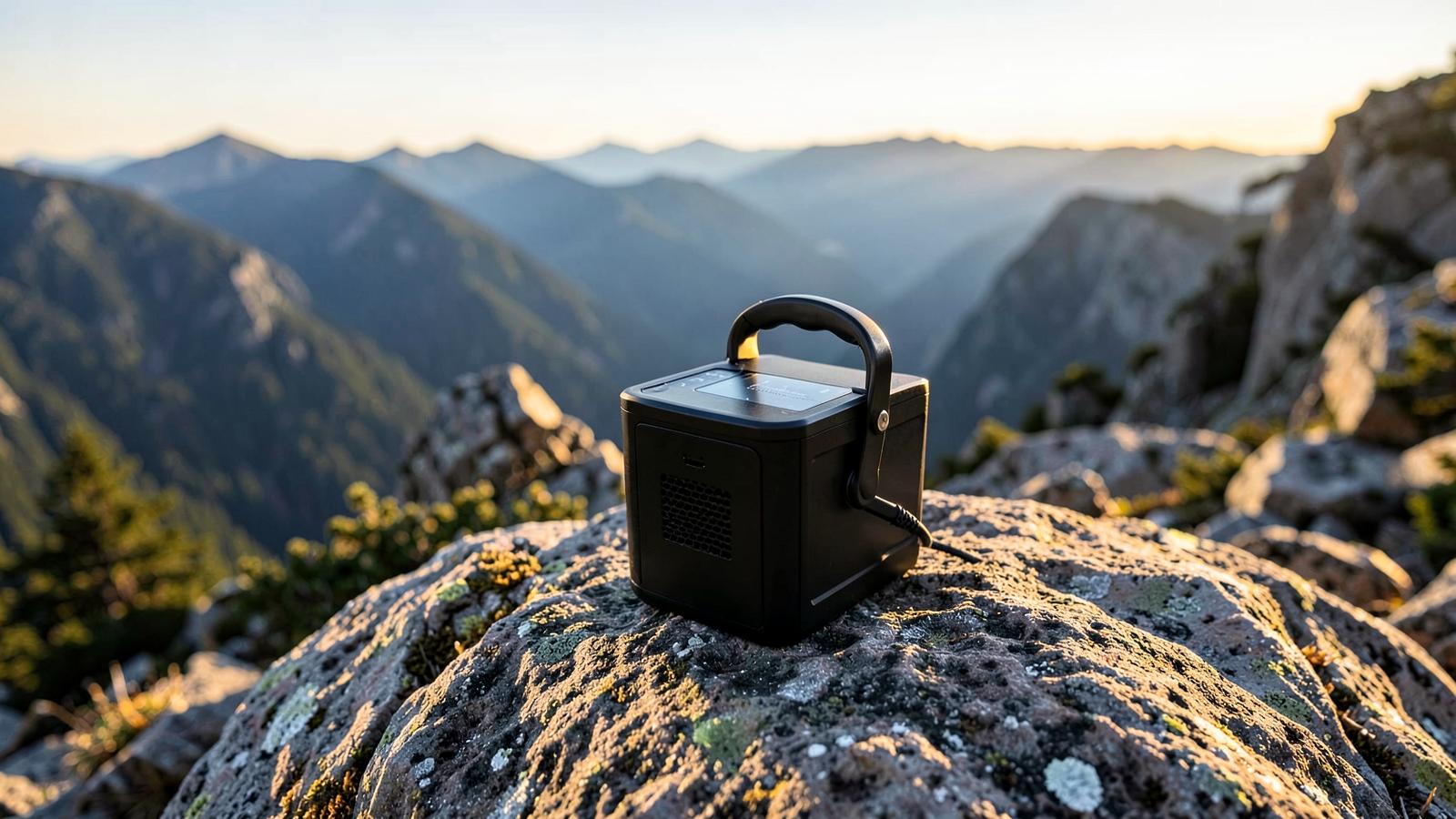 Small power station with a folding handle on a rock at a mountain overlook