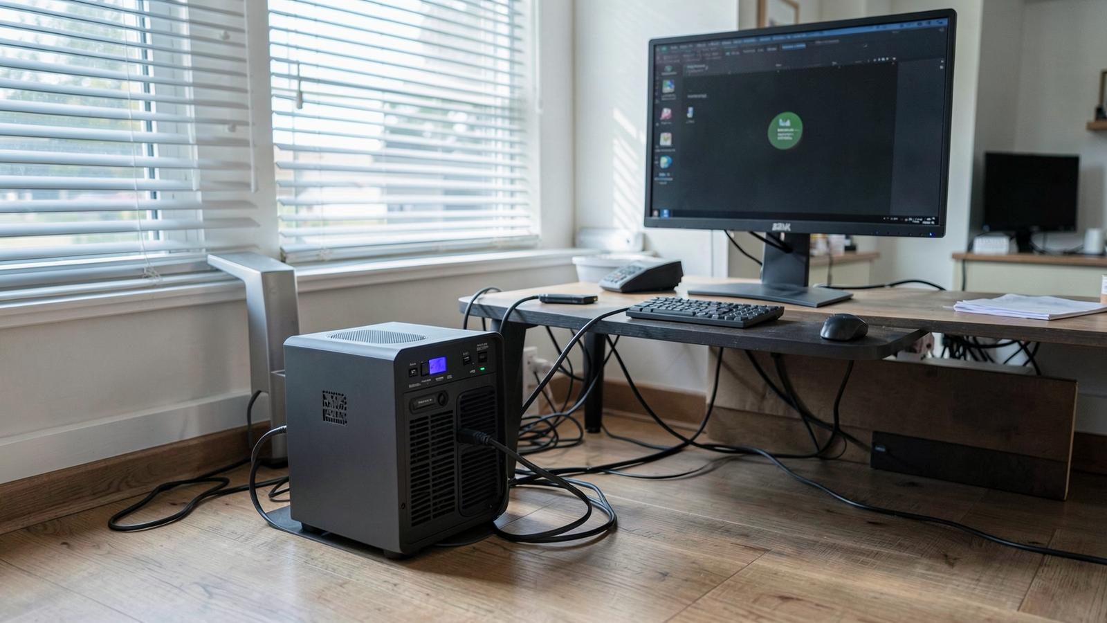 Power station on a home office floor powering a desktop computer