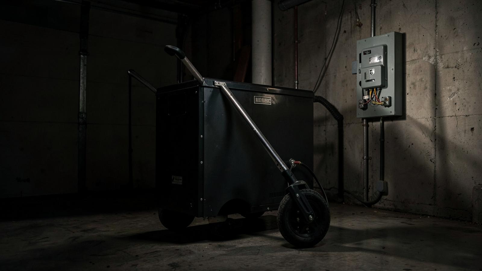Large wheeled home backup battery in a garage beside an electrical panel