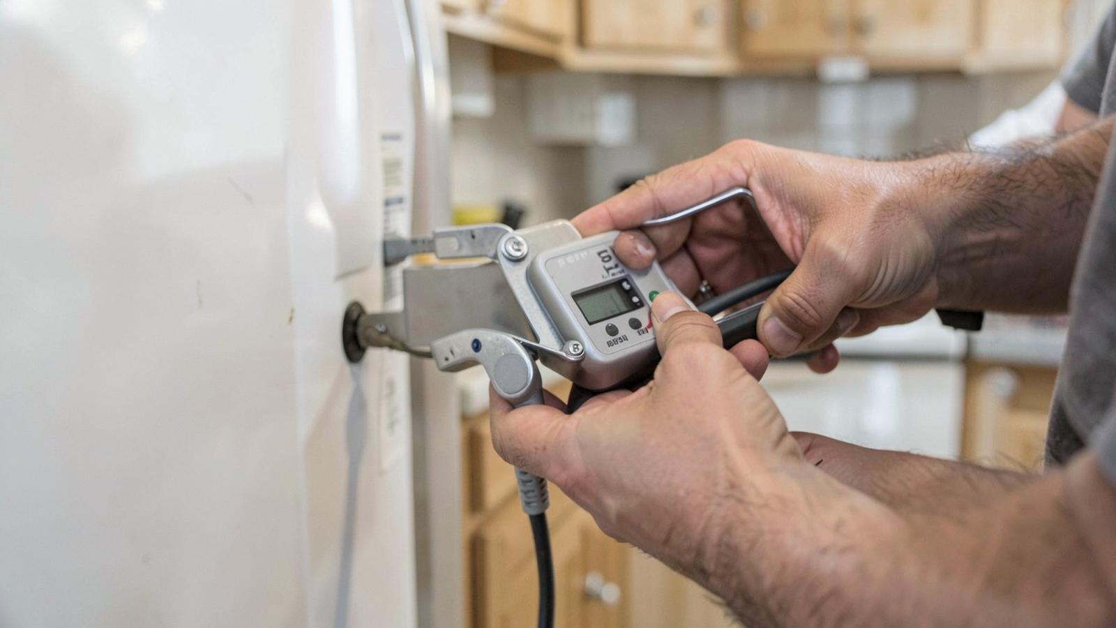 Hands using a power meter to measure a refrigerator's electrical draw