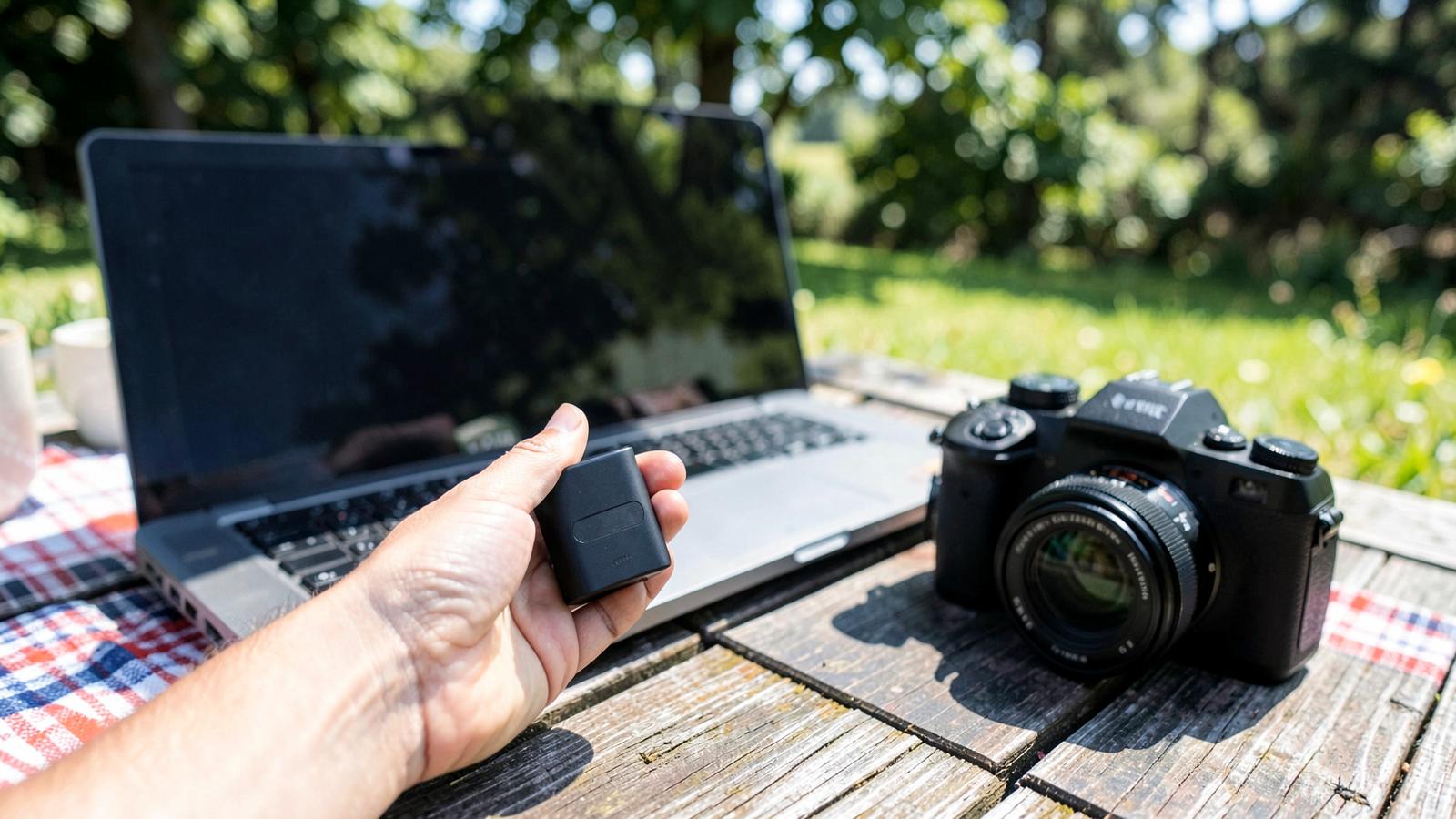 Small compact power station held in one hand beside a laptop outdoors