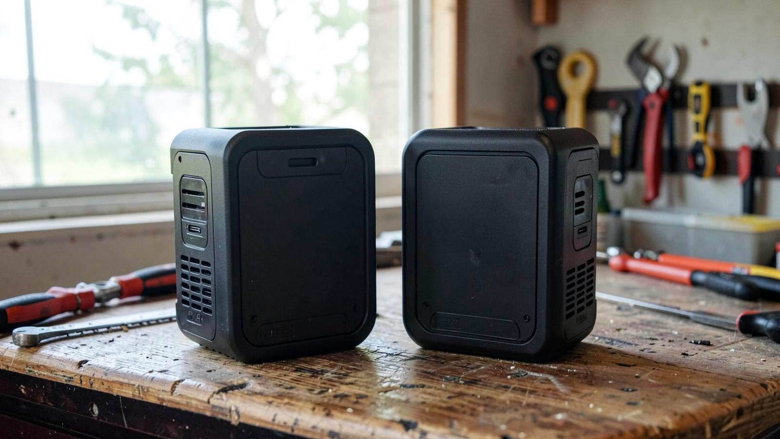 Two similar sized power stations side by side on a garage workbench