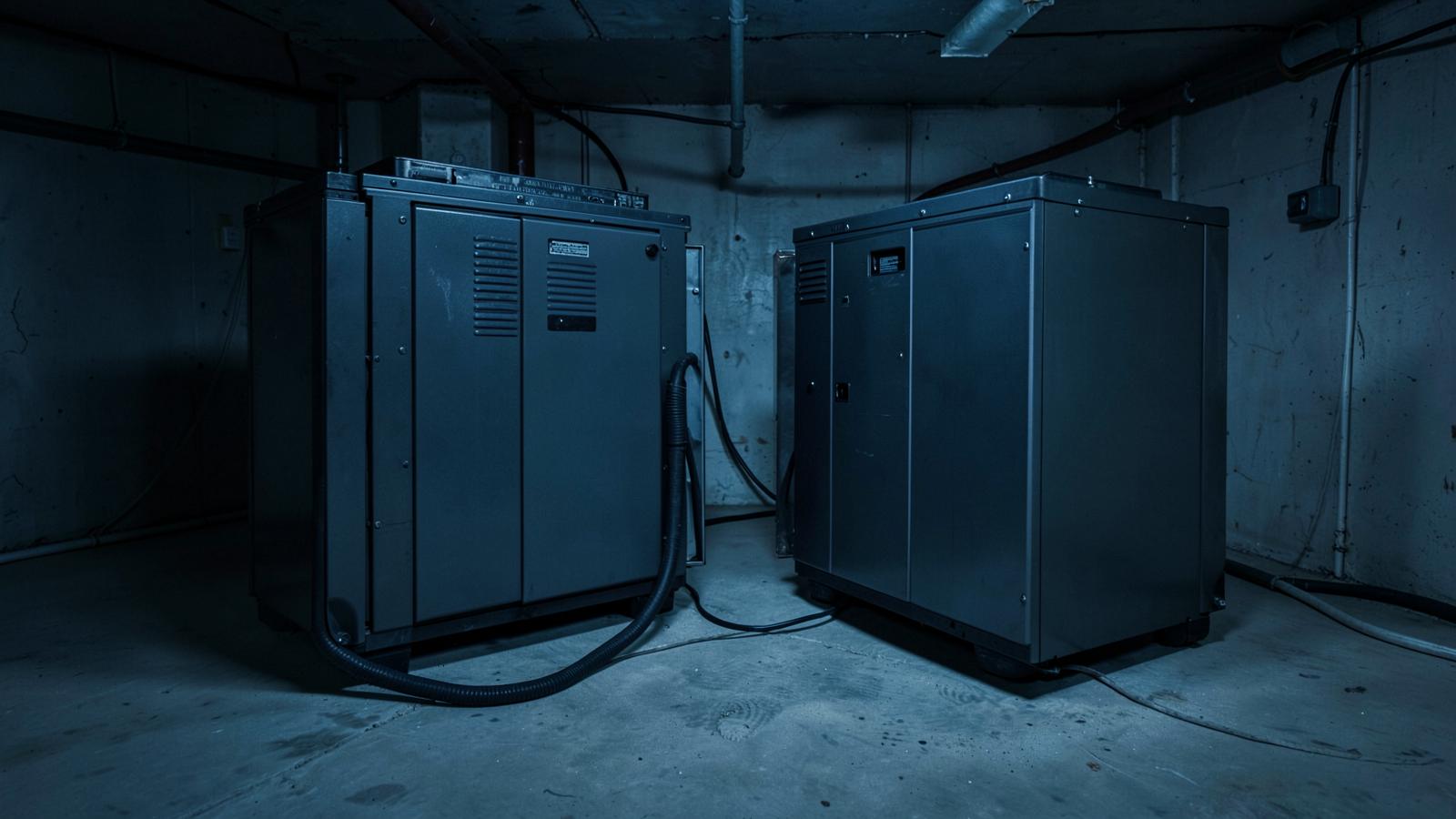 Two large battery backup units side by side on a basement floor