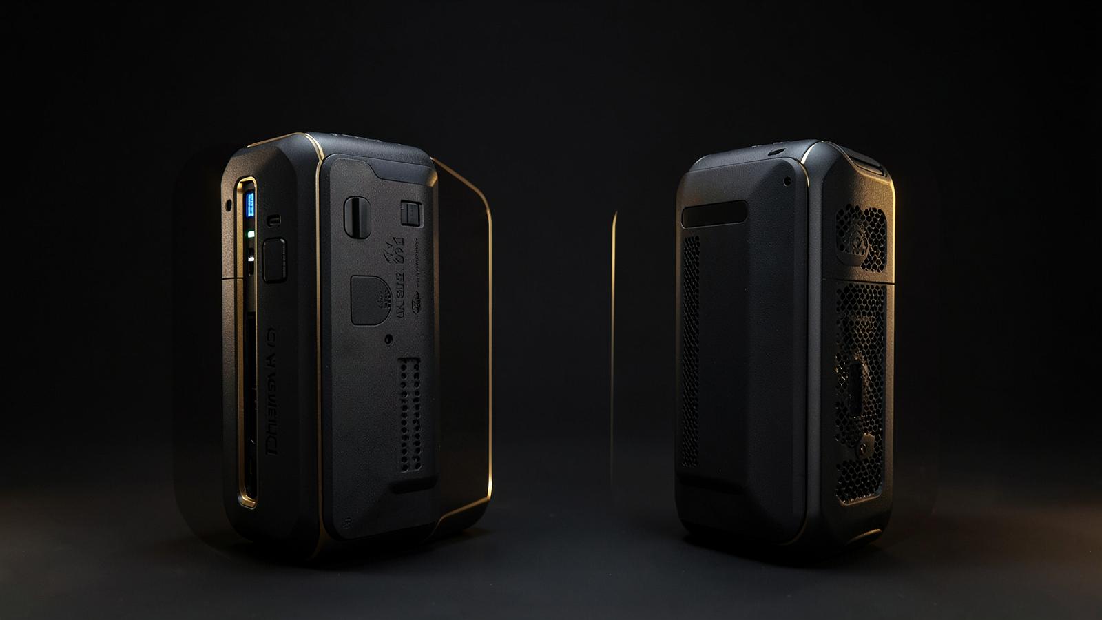 Two portable power stations facing each other on a dark studio backdrop