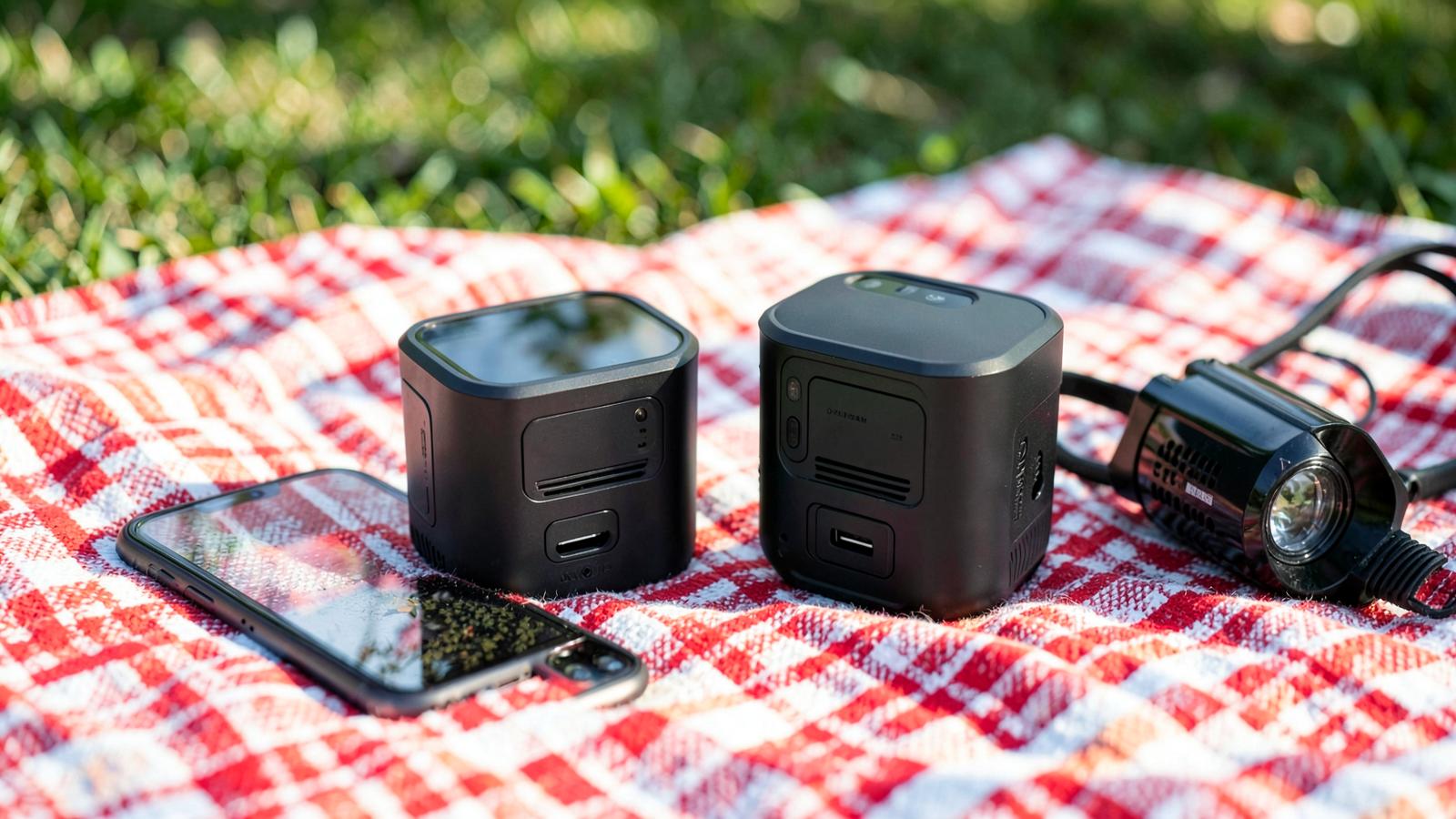 Two small compact power stations side by side on a picnic blanket