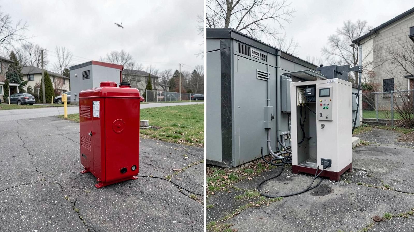 A fuel generator and a battery power unit shown side by side outdoors