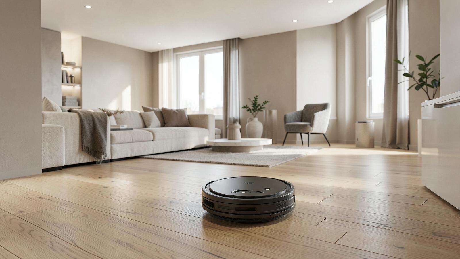 Robot vacuum cleaning a hardwood floor in a bright modern living room