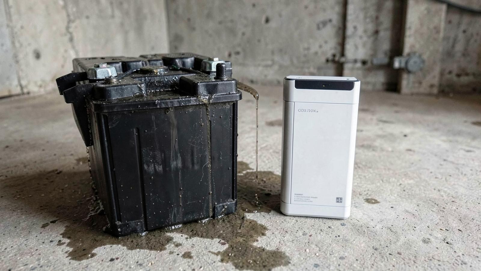 A heavy lead-acid battery beside a lighter lithium battery on a garage floor