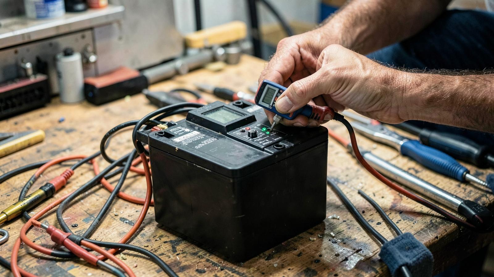 Testing a deep cycle battery with a multimeter on a workbench