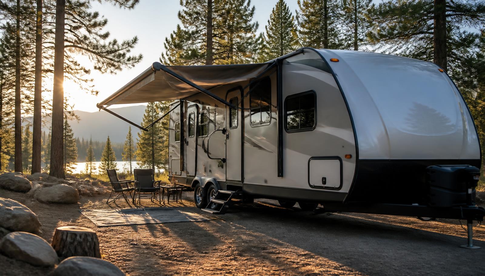 Travel trailer parked at a wooded campsite with its awning out in late afternoon light