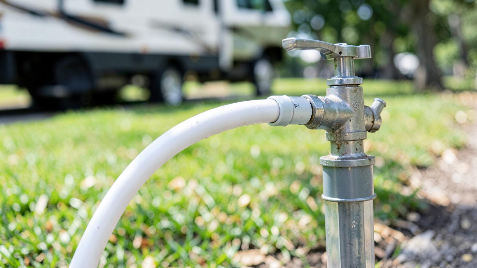White drinking water hose connected to a campground fresh water spigot