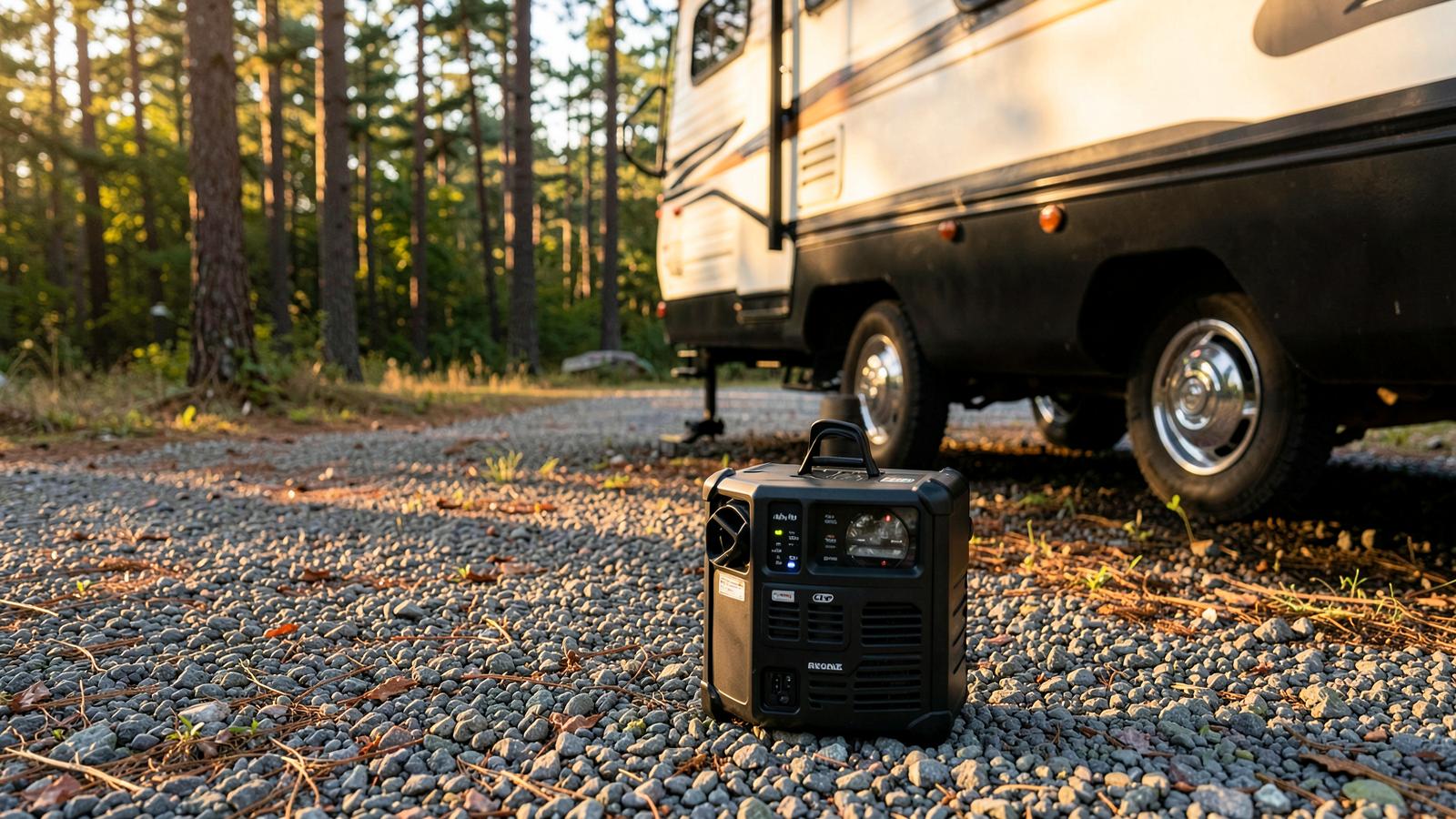 Portable inverter generator on gravel beside a travel trailer at a wooded campsite