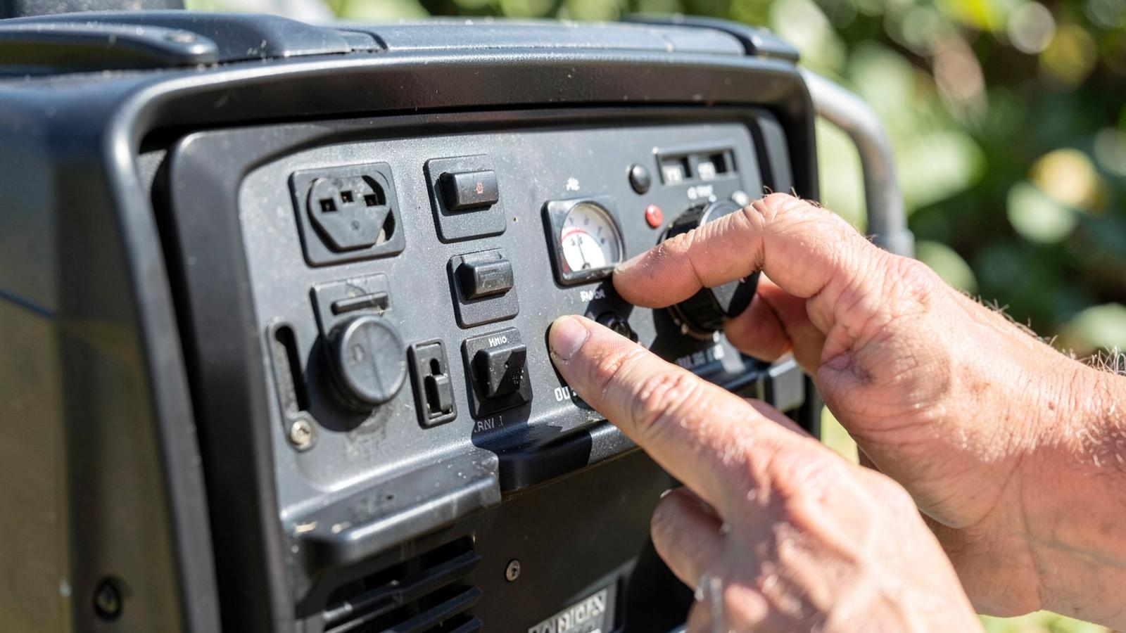 Close-up of a portable generator control panel with outlets and switches