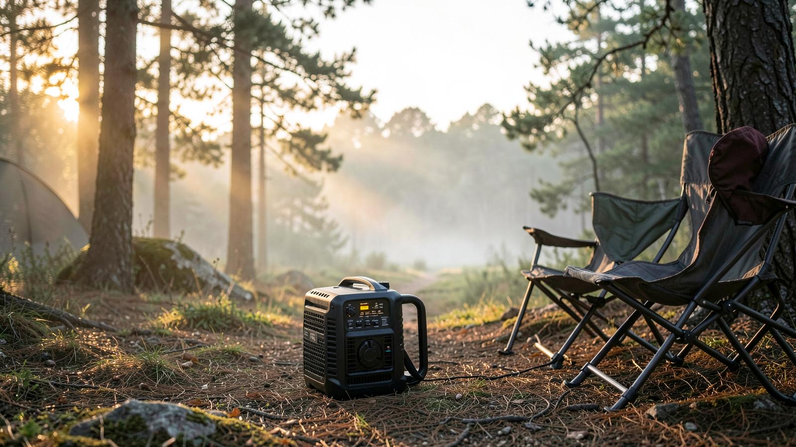 Small inverter generator running at a misty dawn campsite beside camp chairs