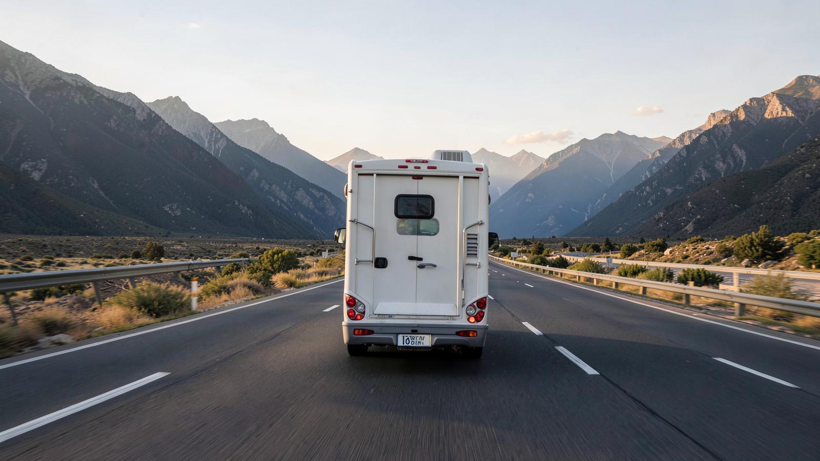 Motorhome driving on an open mountain highway in late day light