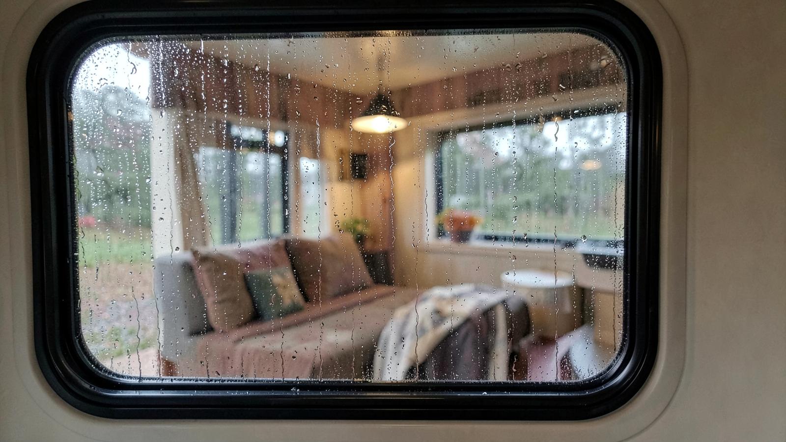 Condensation on the inside of an RV window on a damp morning