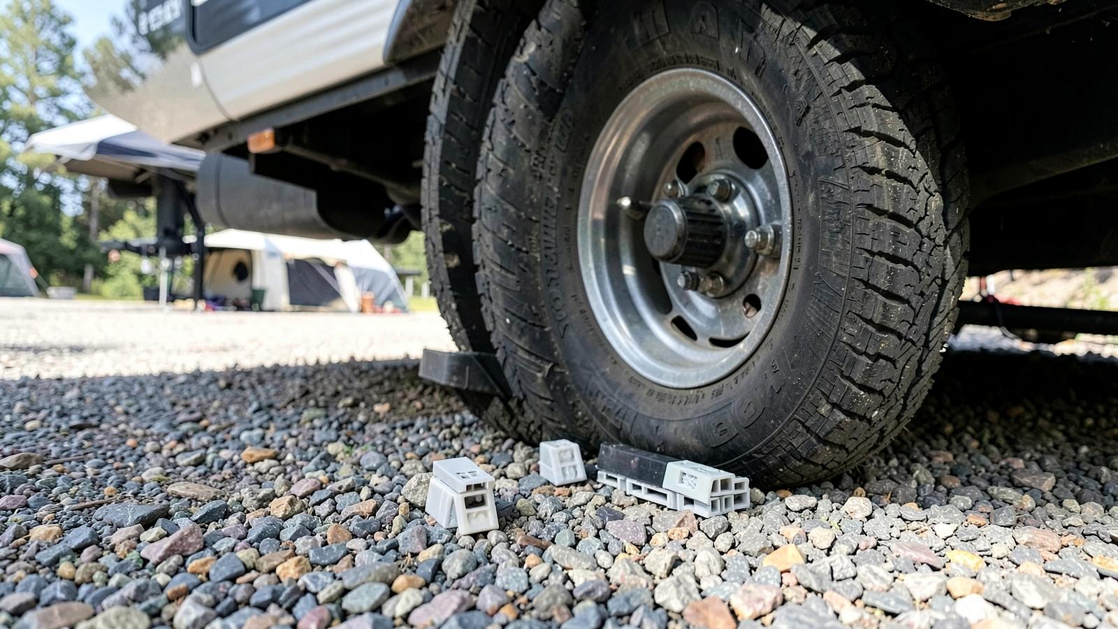 Stacked levelling blocks under a travel trailer tire on a gravel campsite