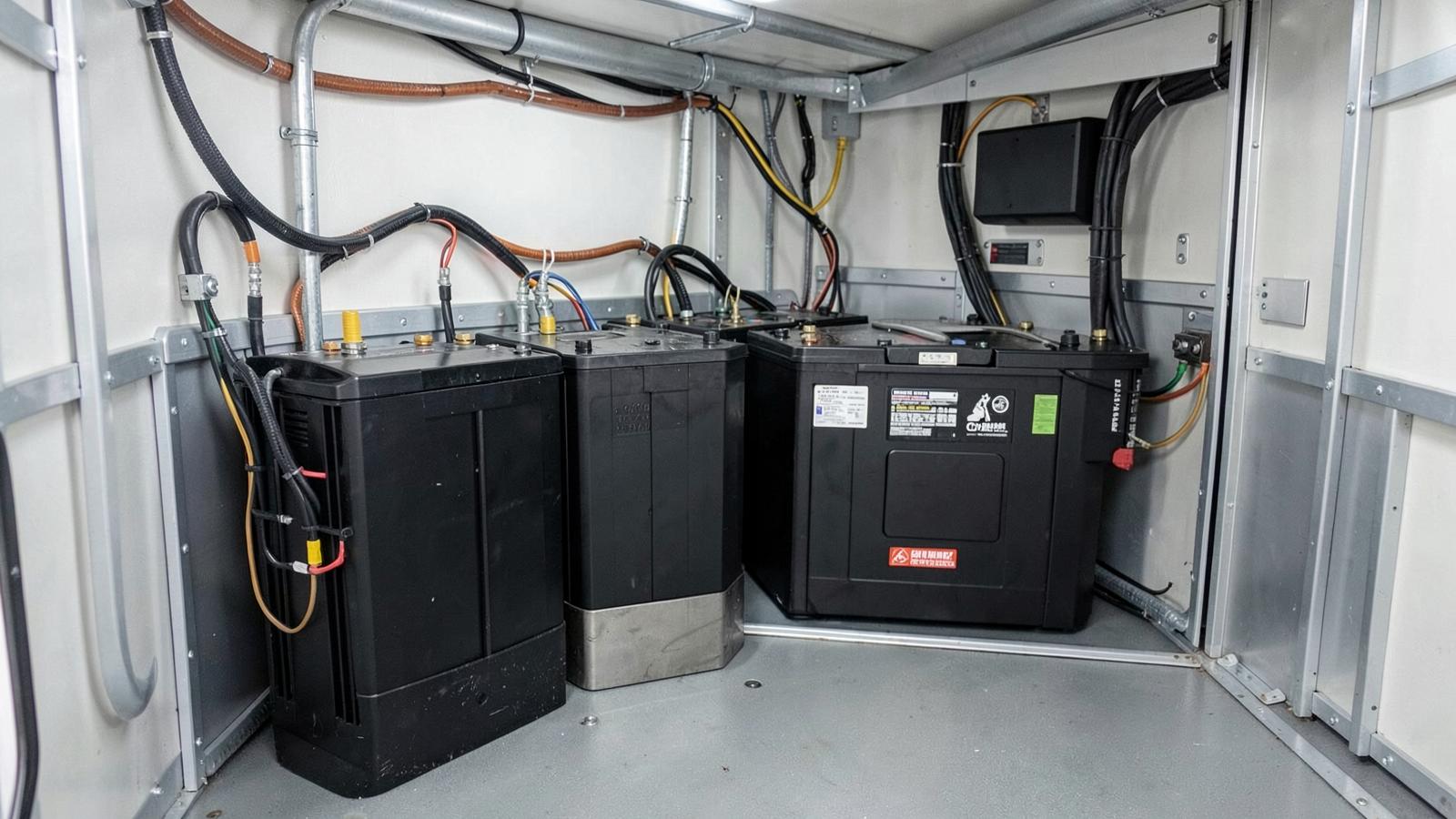 Bank of deep cycle batteries wired inside an RV storage compartment