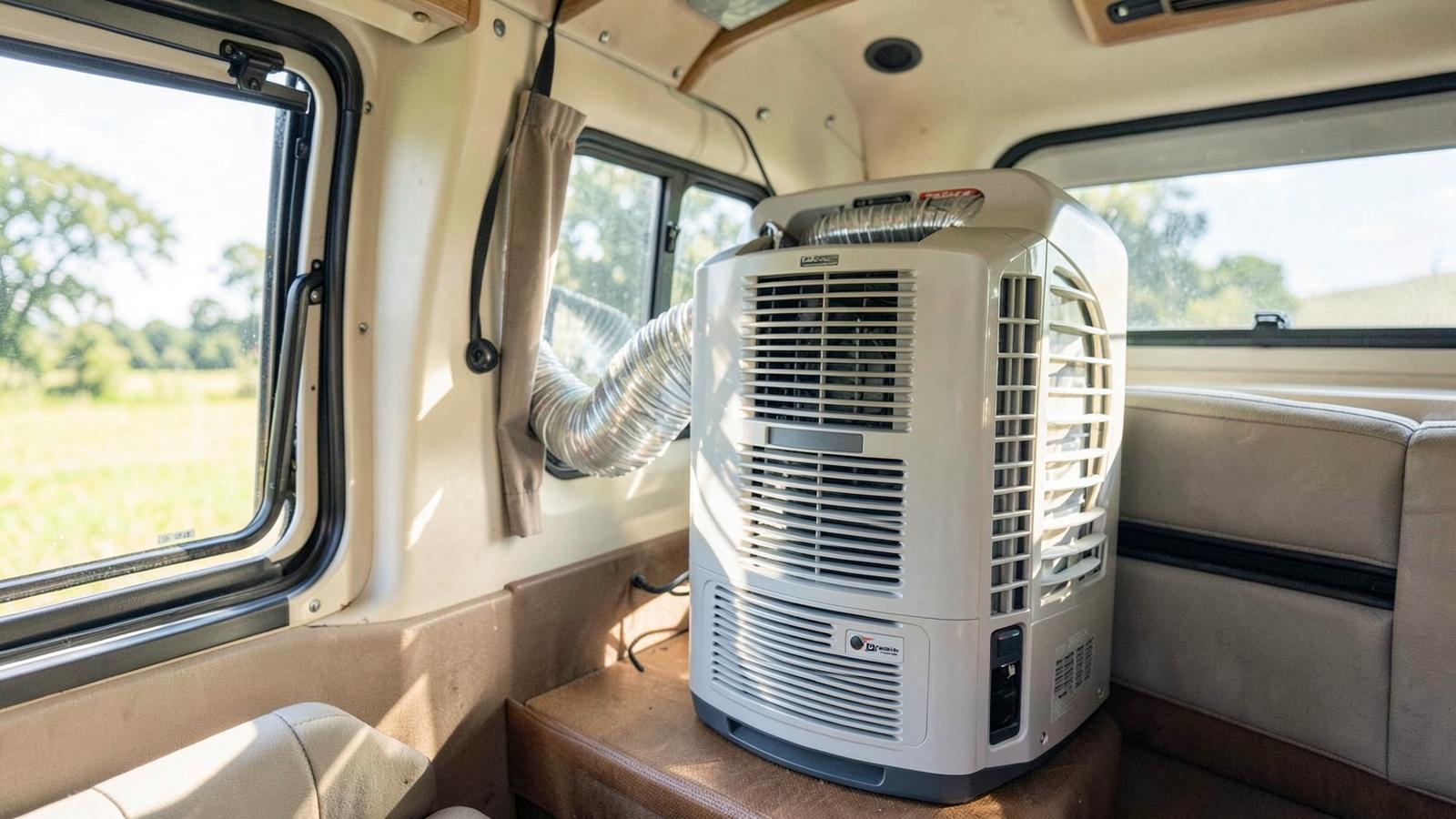 Portable air conditioner inside a camper with its exhaust hose vented through a window