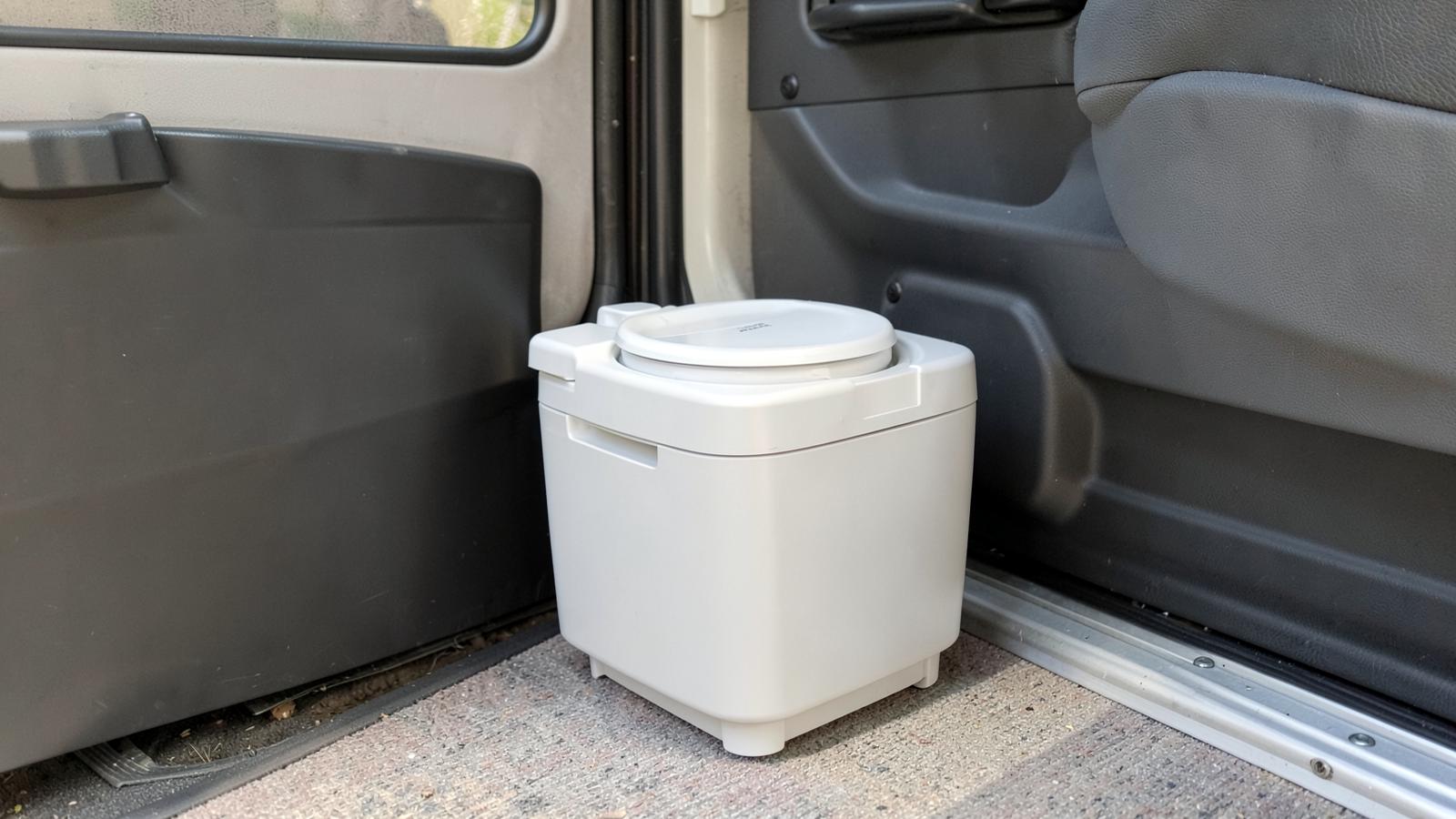 Compact portable camping toilet on the floor of a camper van