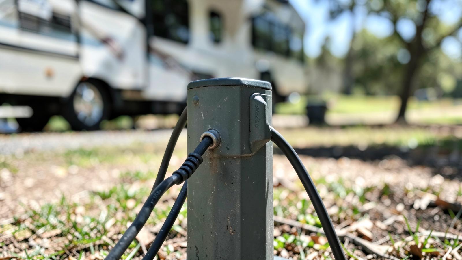 Campground electrical hookup pedestal with a heavy power cord plugged in