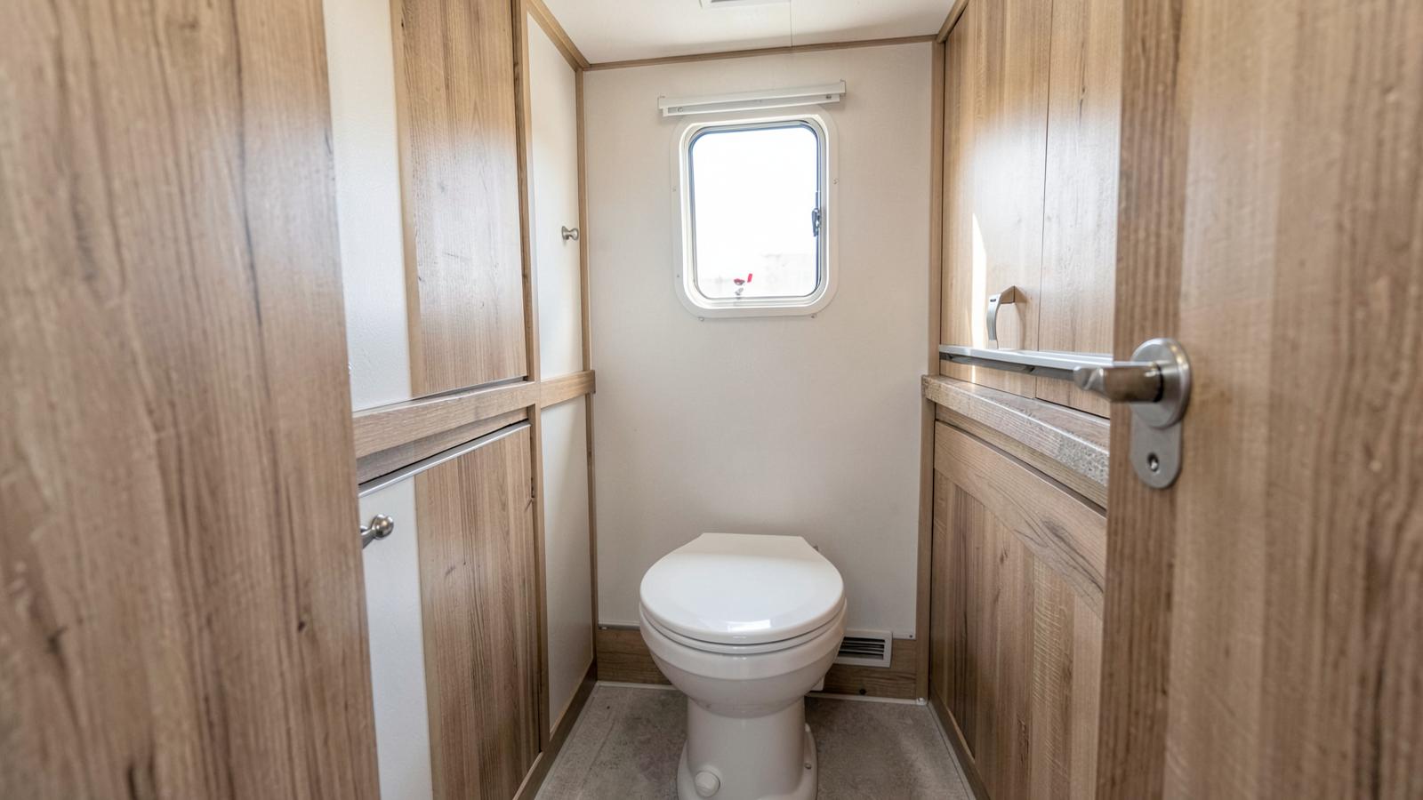 Compact RV bathroom with a white ceramic toilet and wood cabinetry