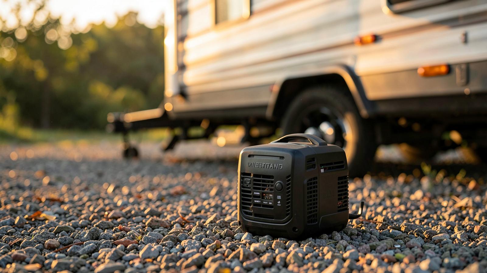 Compact portable inverter generator on gravel beside a travel trailer at golden hour