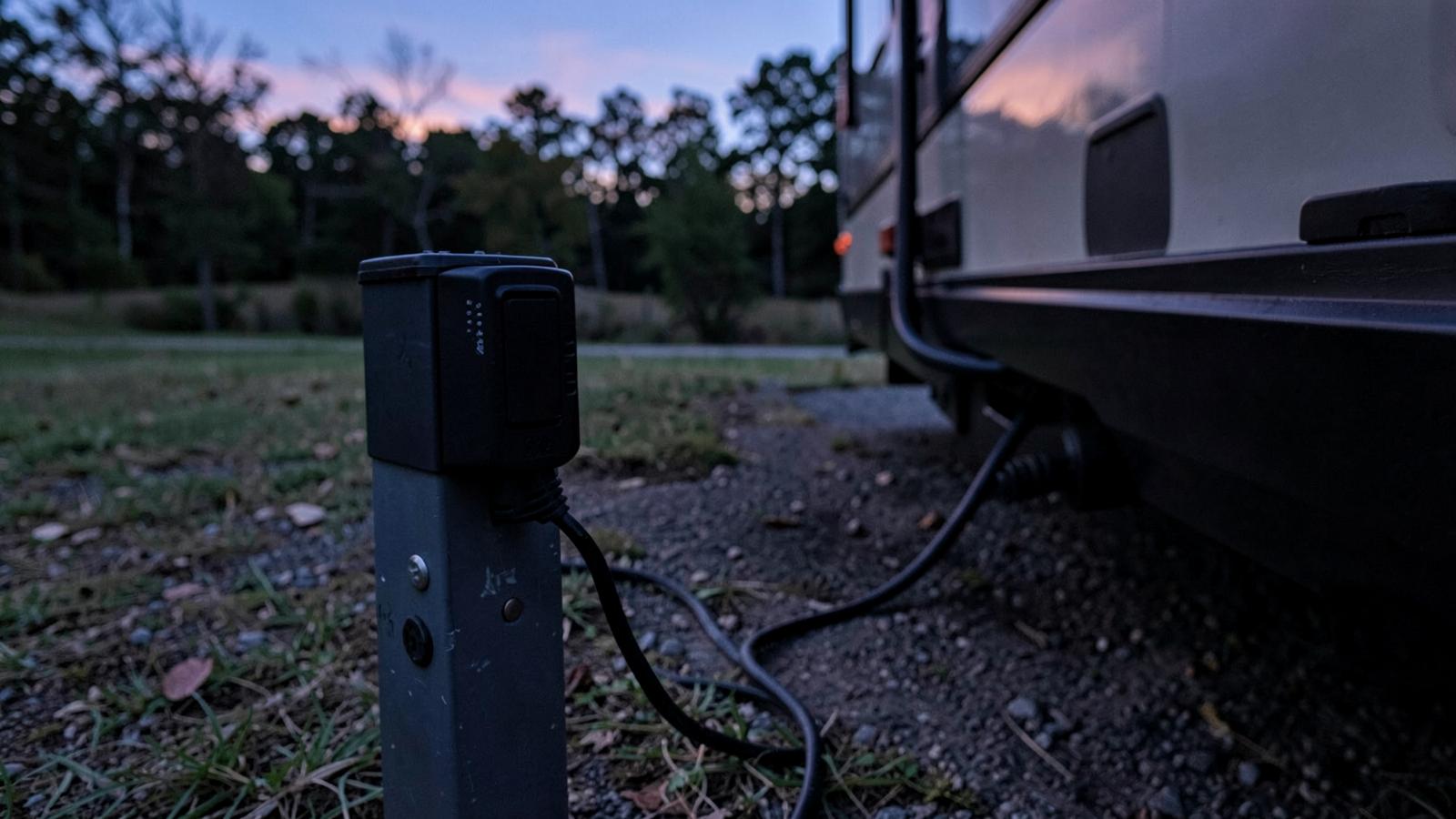 Portable RV power protection device plugged into a campground pedestal at dusk