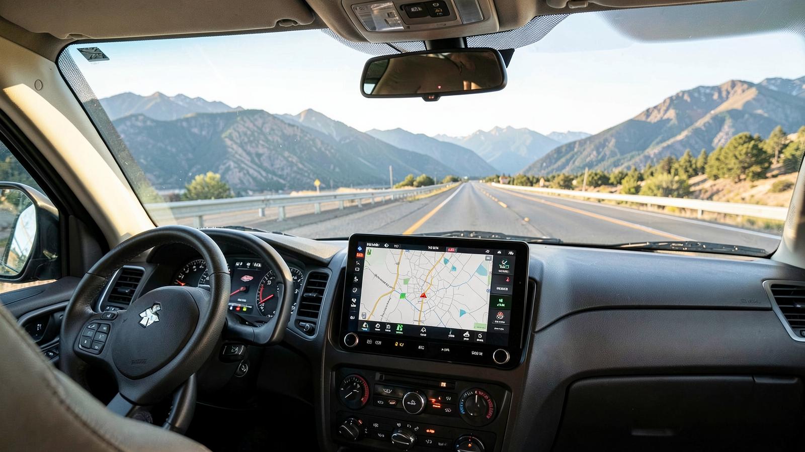 Large touchscreen RV navigator mounted on the dashboard on a mountain highway
