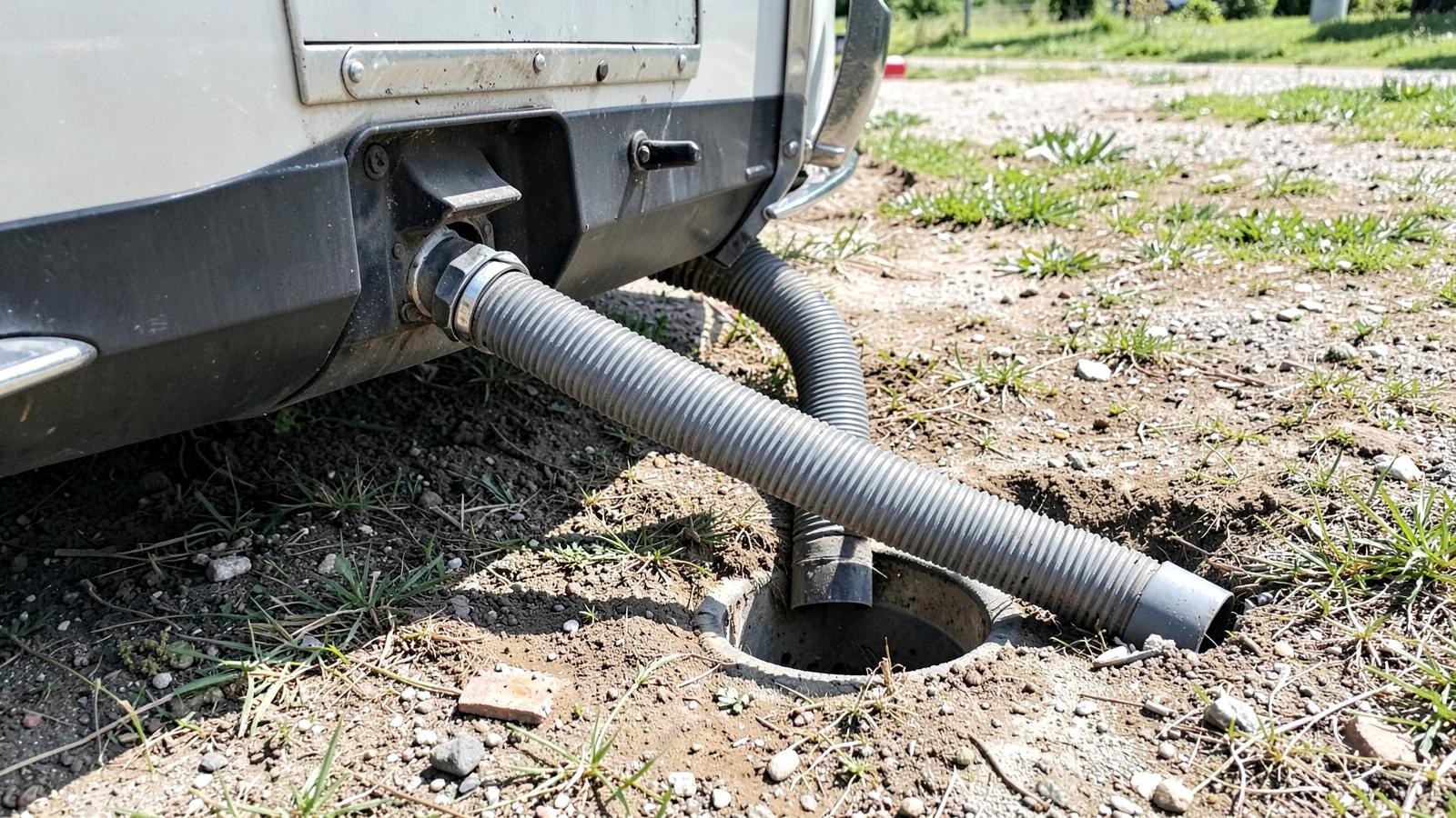 Corrugated RV sewer hose connected from a trailer outlet to a campsite ground inlet