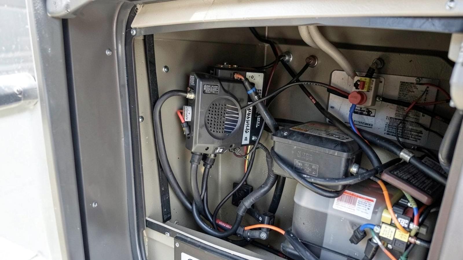 Solar charge controller and wiring installed inside an RV cabinet