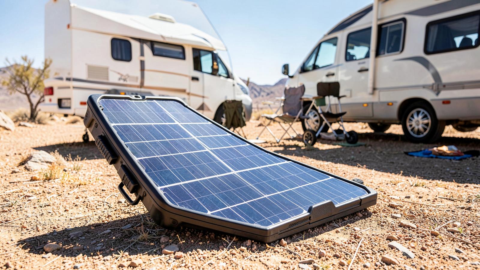 Folding portable solar panel set up on the ground at a sunny desert campsite