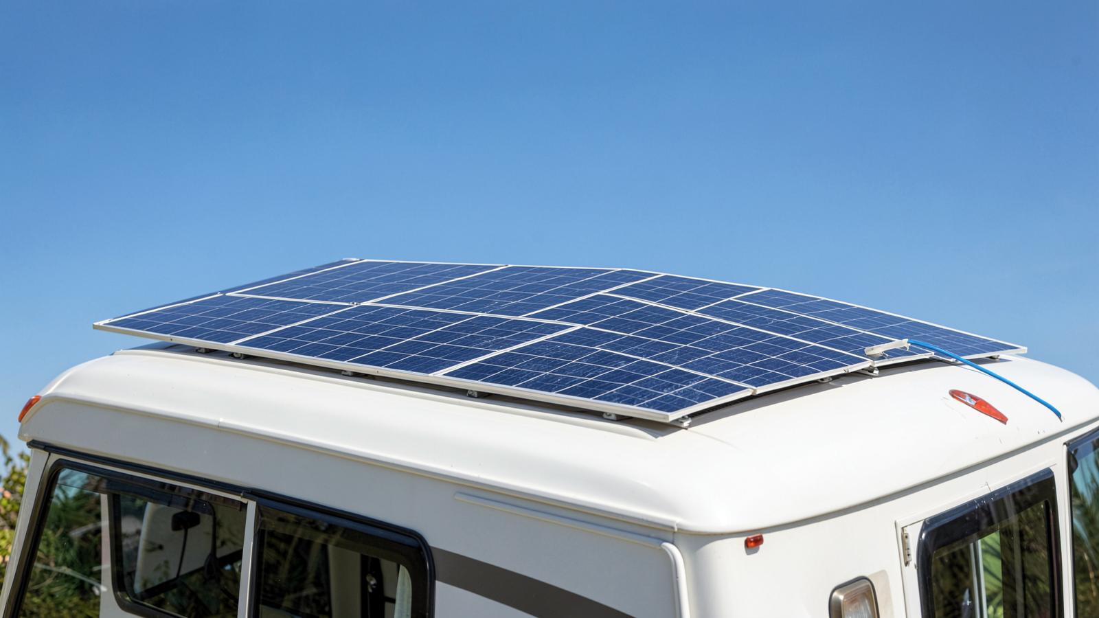 Solar panels mounted on the roof of a motorhome under a clear sky