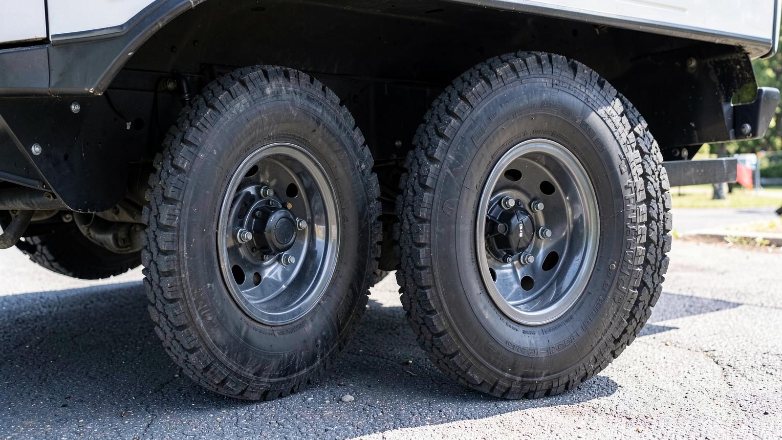 Close-up of the dual rear wheels and tires of an RV on a paved campsite