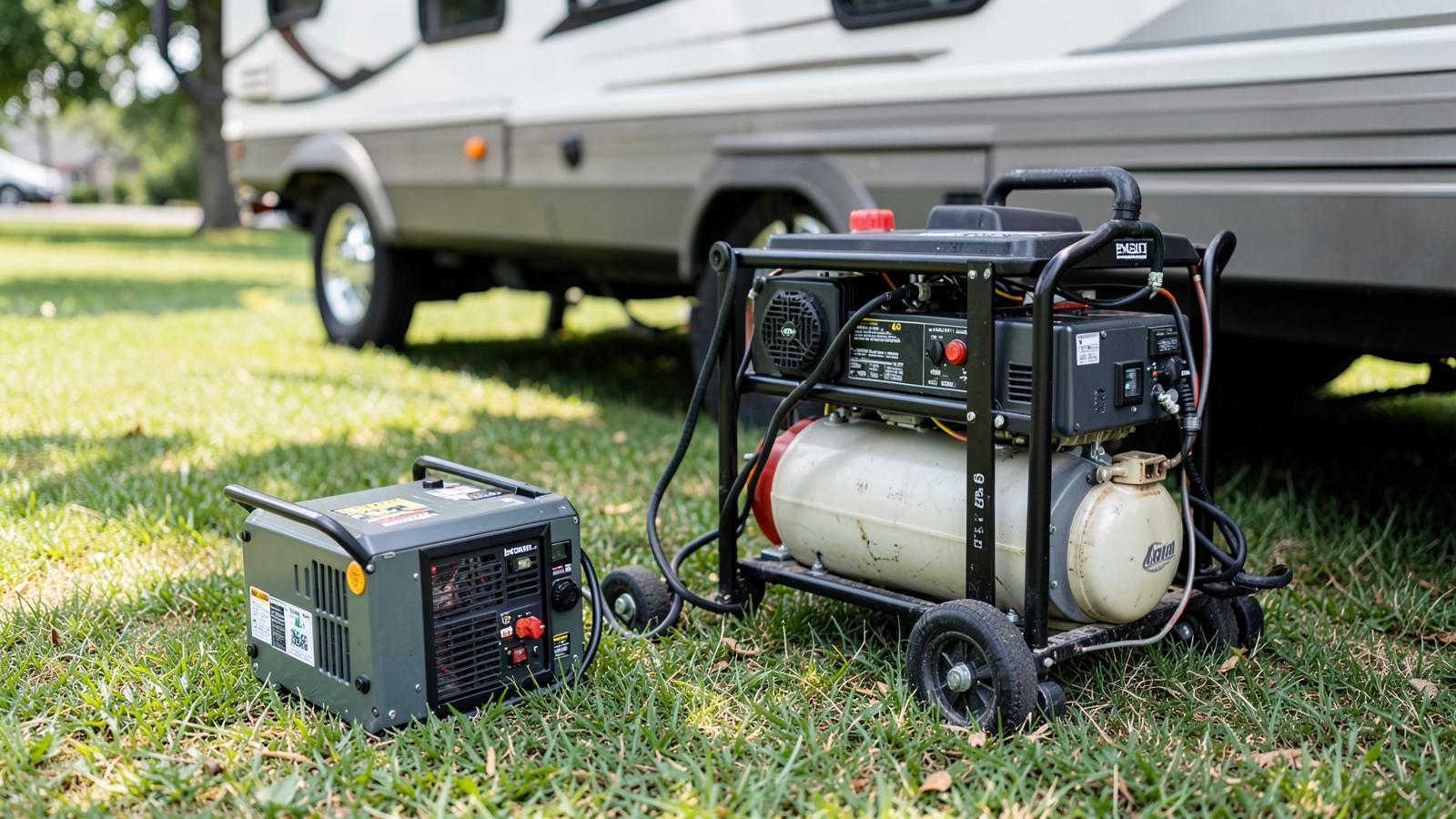 A small portable generator beside a larger wheeled generator with a propane tank