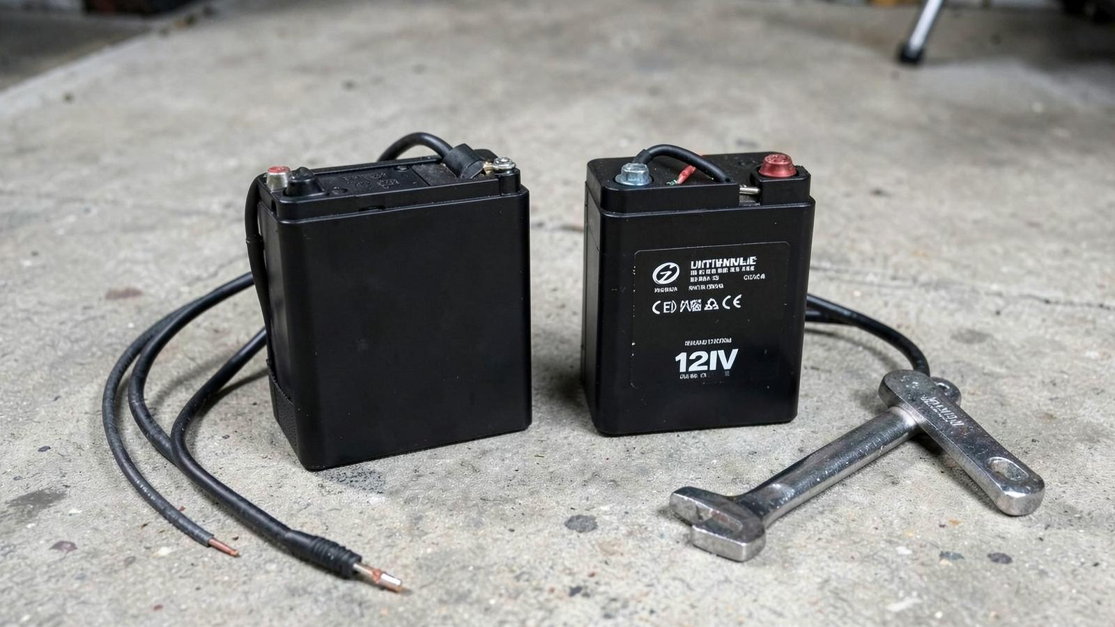 Two 12V lithium batteries side by side on a garage floor with cables and a wrench
