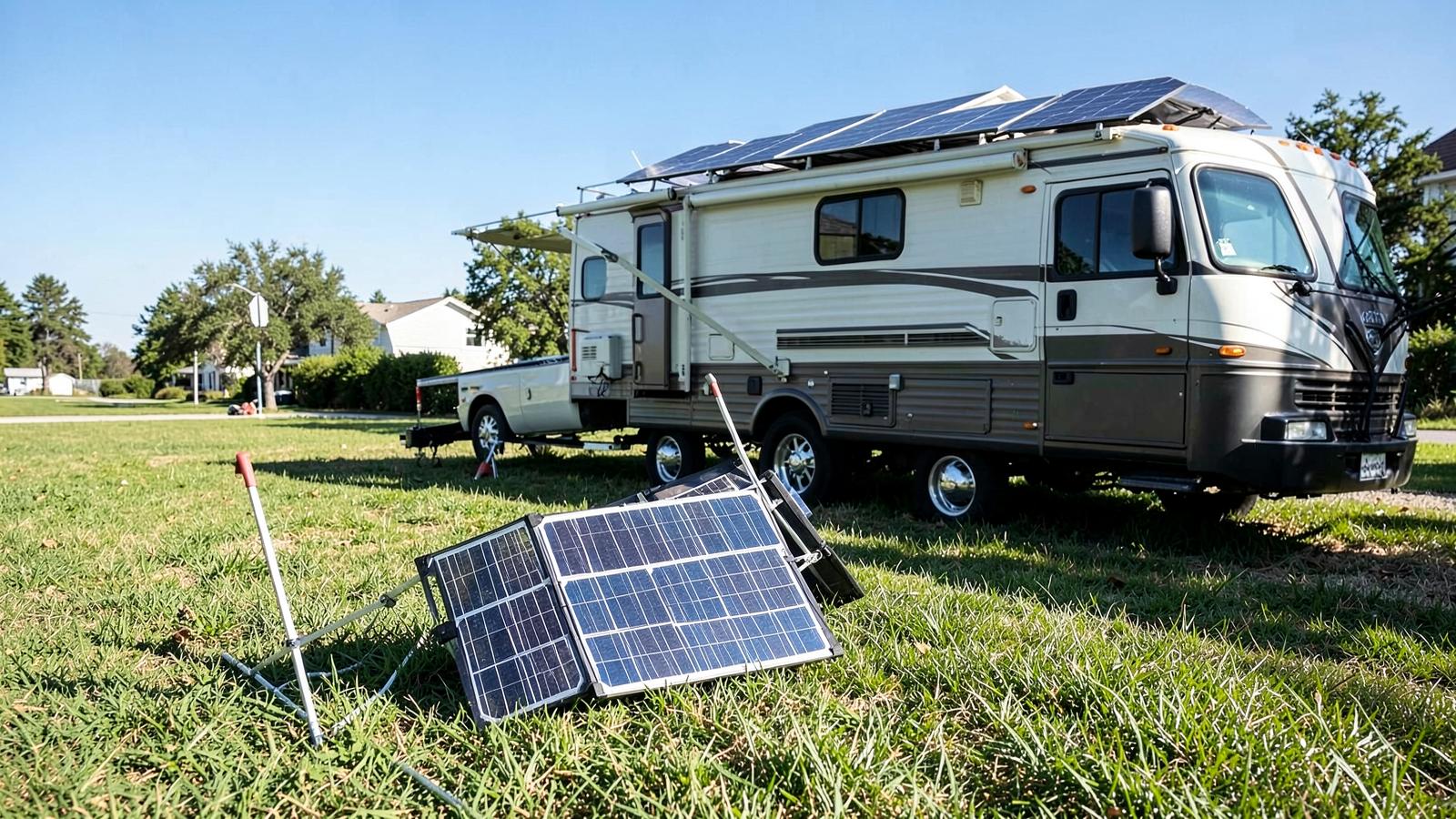 Folding portable solar panel on grass beside an RV with roof-mounted panels