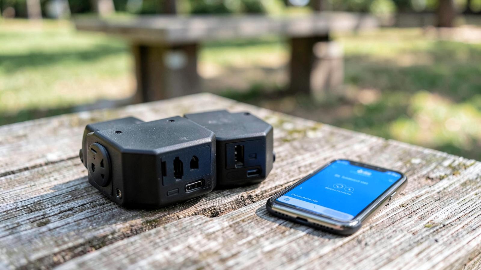 Two RV electrical protection units on a picnic table beside a phone showing a monitoring app