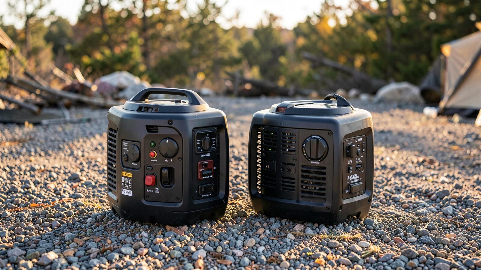 Two similar compact inverter generators side by side on a gravel campsite pad