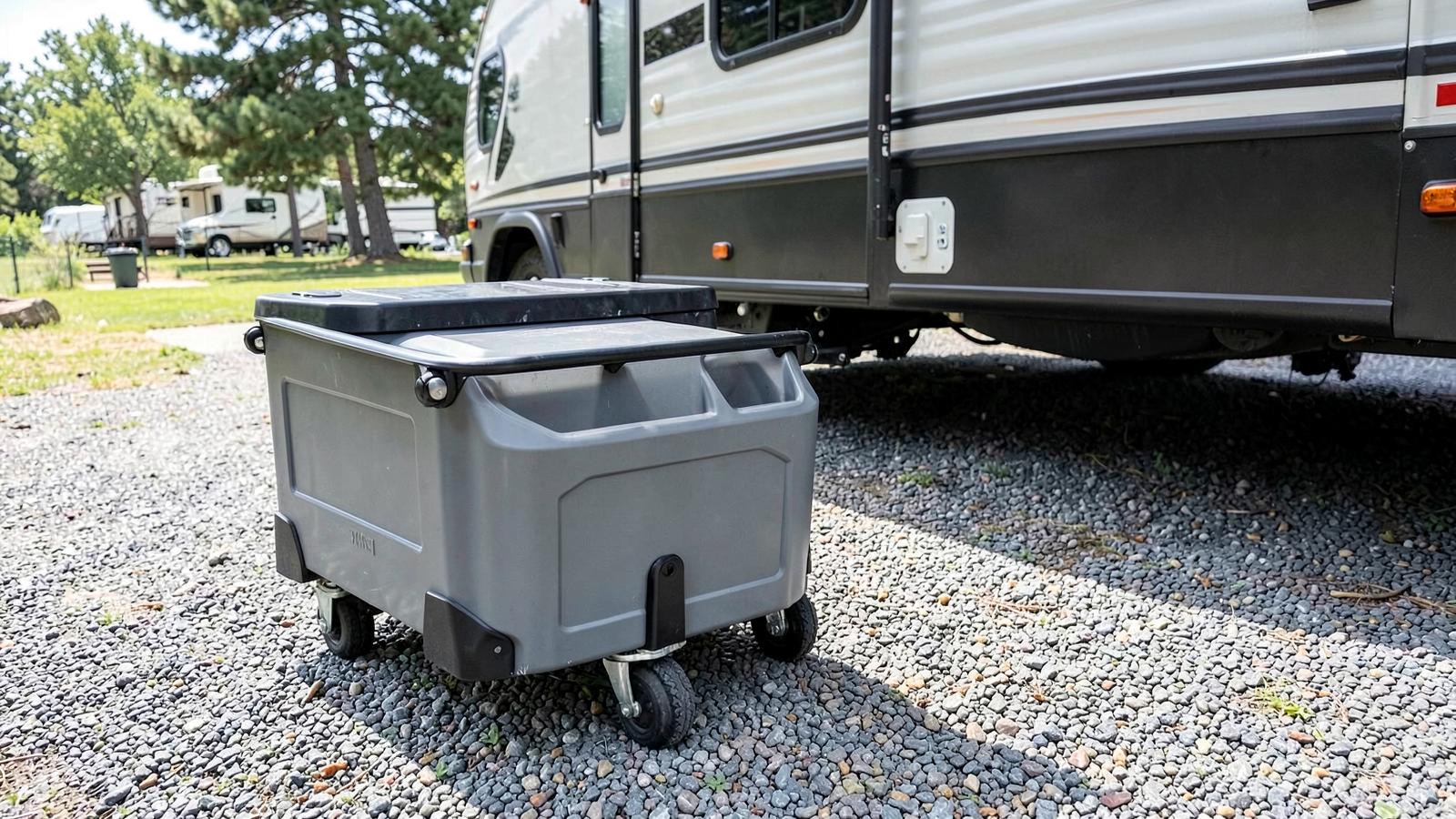 Wheeled portable waste holding tank on gravel beside a travel trailer