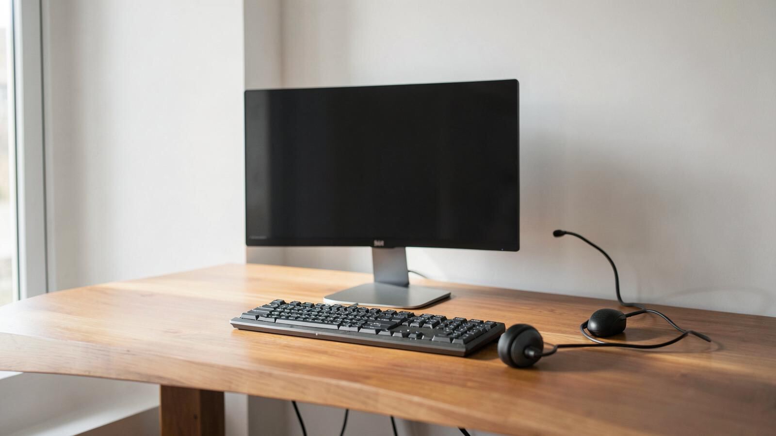 Minimal home office desk with a monitor, keyboard and headphones