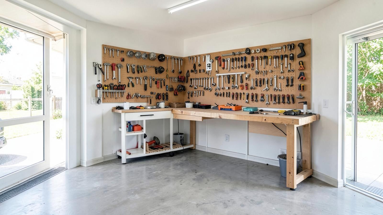 Organised home garage workshop with a tool wall and workbench