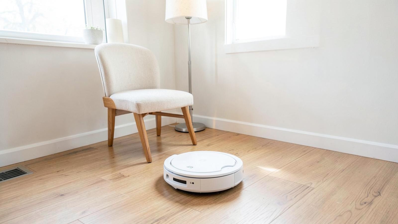 Simple white robot vacuum cleaning a plain, sparsely furnished room