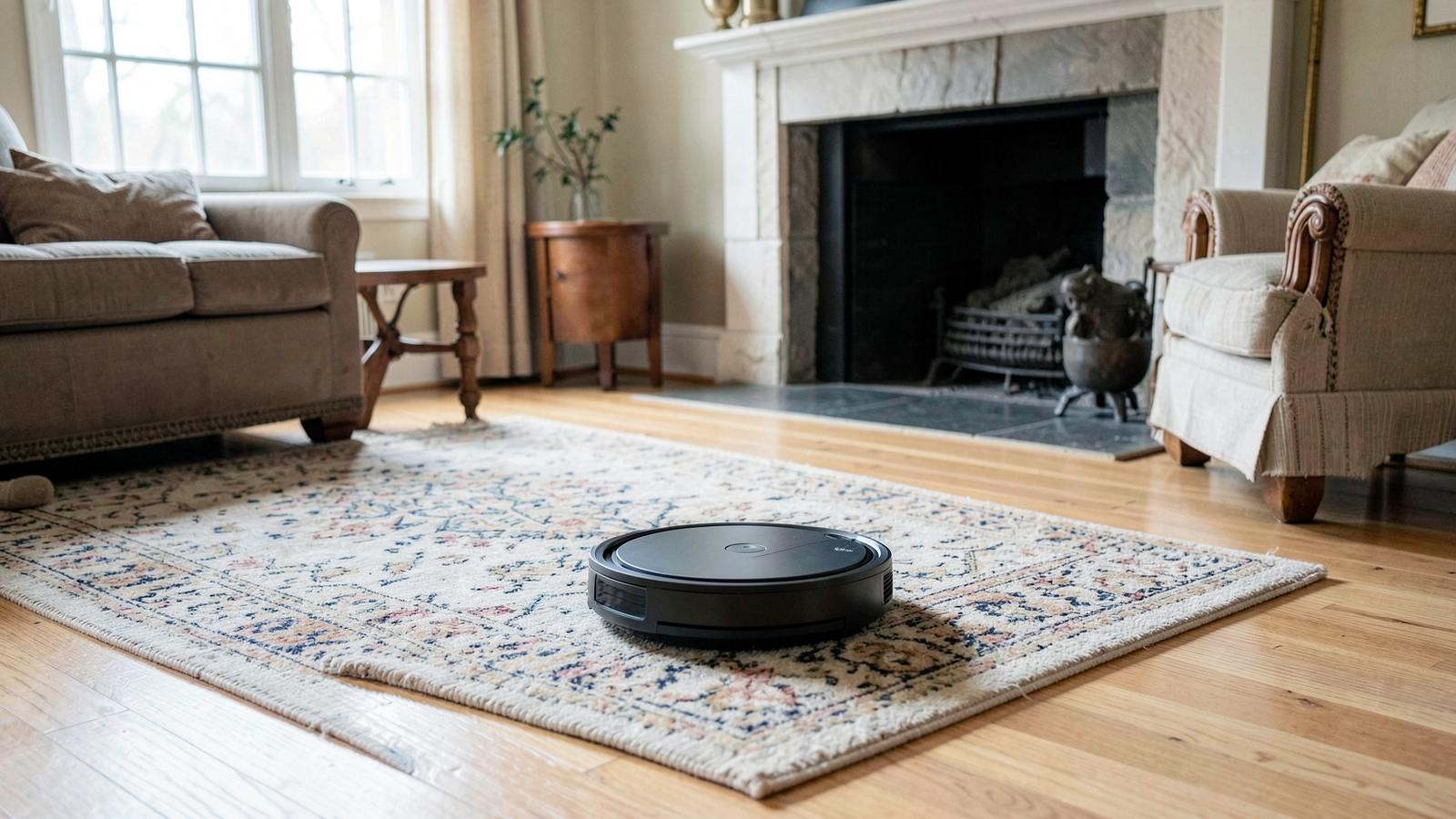 Round robot vacuum on a patterned rug in a traditional living room with a fireplace