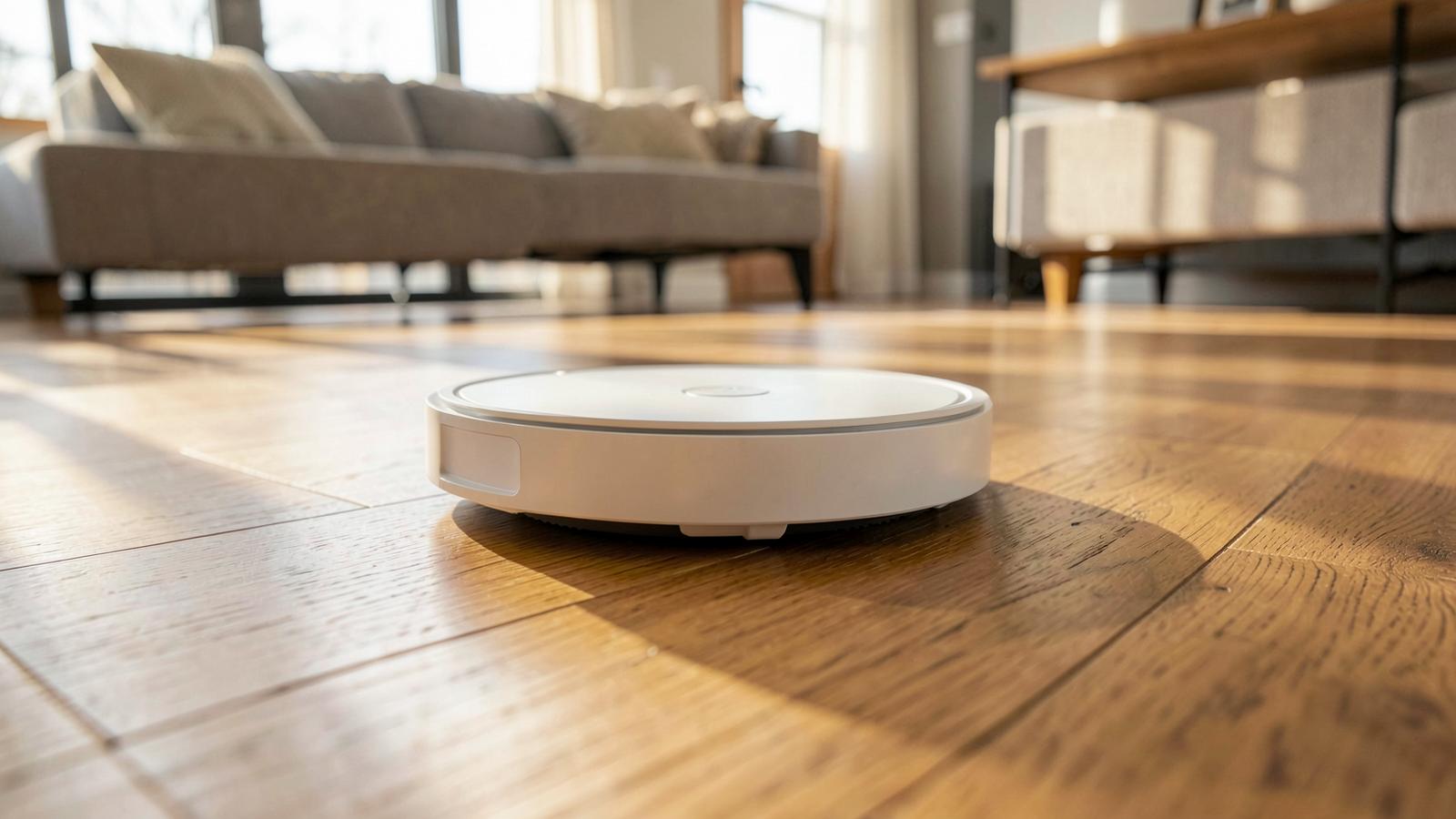 Robot vacuum crossing wide oak hardwood planks in a sunlit living room